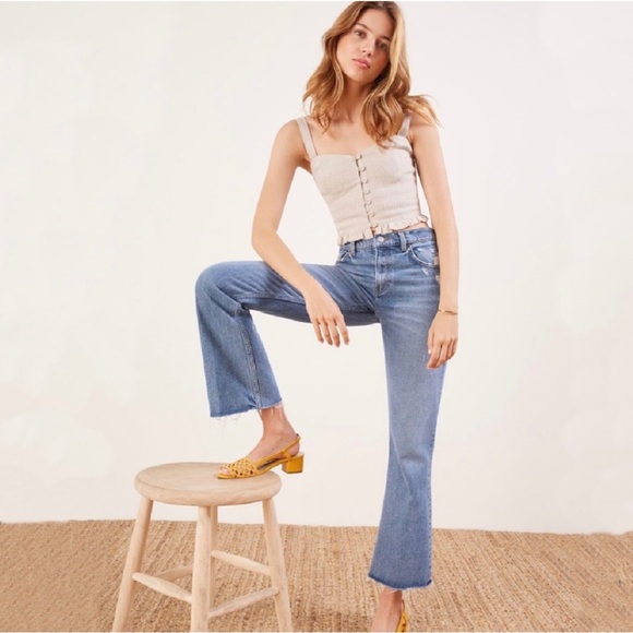 Reformation Crop Flood Jeans Kick Flare Distressed Size 26 Olympic Trendy Chic - Picture 2 of 9